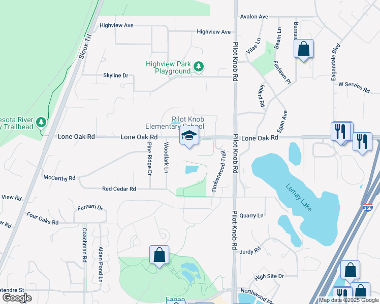 map of restaurants, bars, coffee shops, grocery stores, and more near 1436 Lone Oak Road in Eagan