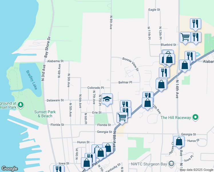 map of restaurants, bars, coffee shops, grocery stores, and more near 754 Colorado Street in Sturgeon Bay