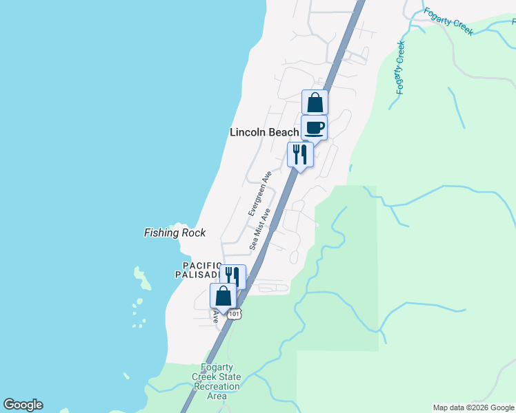map of restaurants, bars, coffee shops, grocery stores, and more near 3710 Evergreen Avenue in Depoe Bay