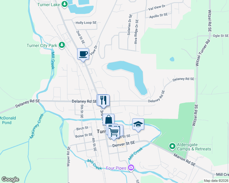map of restaurants, bars, coffee shops, grocery stores, and more near 7420 Feather Court Southeast in Turner