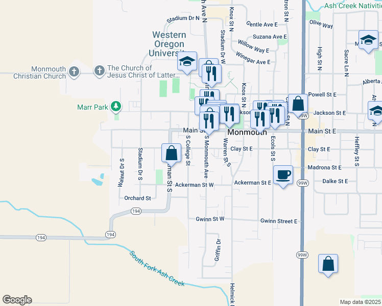 map of restaurants, bars, coffee shops, grocery stores, and more near 11 South College Street in Monmouth