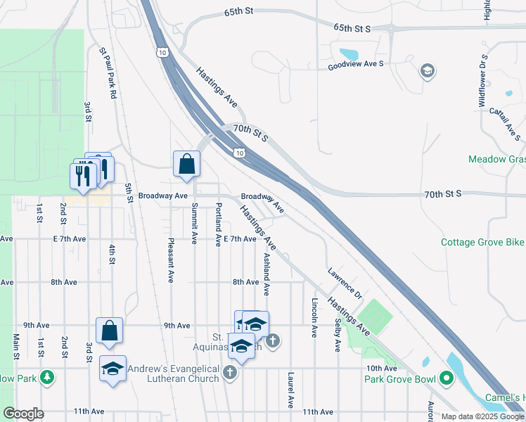 map of restaurants, bars, coffee shops, grocery stores, and more near 600 Hastings Avenue in Saint Paul Park