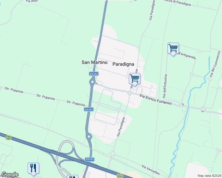 map of restaurants, bars, coffee shops, grocery stores, and more near 9 Via Enrico Forlanini in Parma