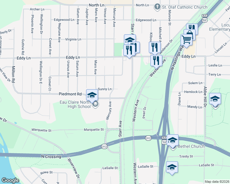 map of restaurants, bars, coffee shops, grocery stores, and more near 2008 Piedmont Road in Eau Claire