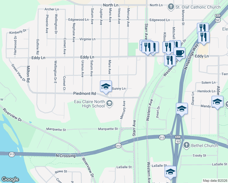 map of restaurants, bars, coffee shops, grocery stores, and more near 1902 Piedmont Road in Eau Claire