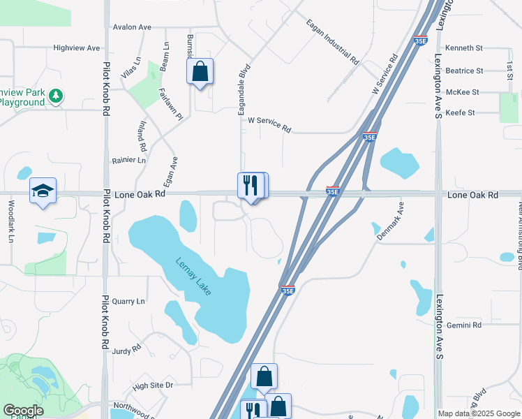 map of restaurants, bars, coffee shops, grocery stores, and more near 1250 Lone Oak Road in Eagan