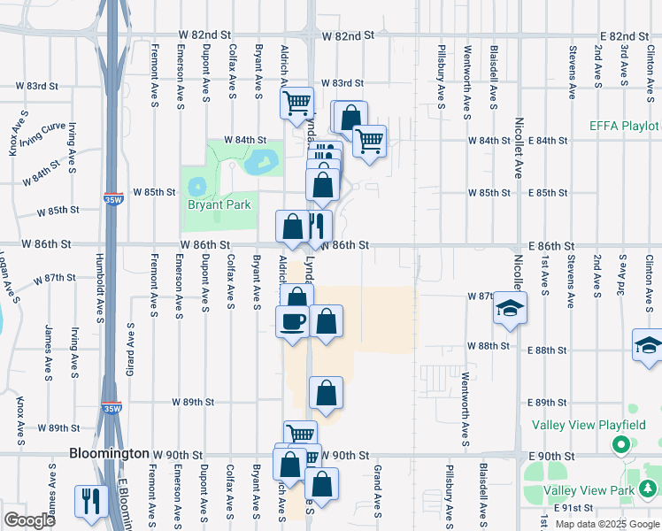 map of restaurants, bars, coffee shops, grocery stores, and more near 8609 Lyndale Avenue South in Bloomington