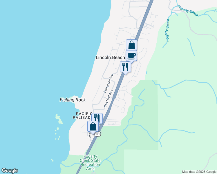 map of restaurants, bars, coffee shops, grocery stores, and more near 3710 Evergreen Avenue in Depoe Bay