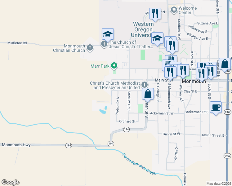 map of restaurants, bars, coffee shops, grocery stores, and more near 245 Walnut Drive South in Monmouth