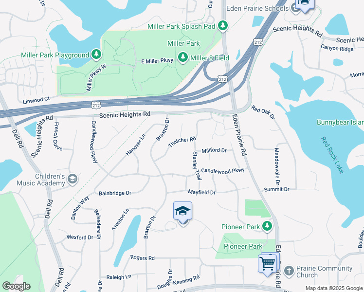 map of restaurants, bars, coffee shops, grocery stores, and more near 16687 Thatcher Road in Eden Prairie