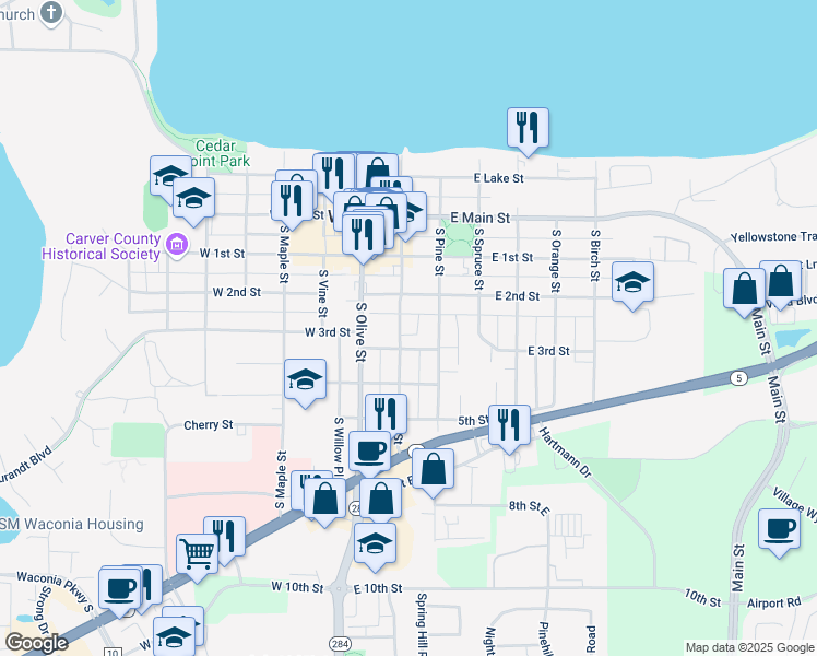 map of restaurants, bars, coffee shops, grocery stores, and more near 249 South Elm Street in Waconia