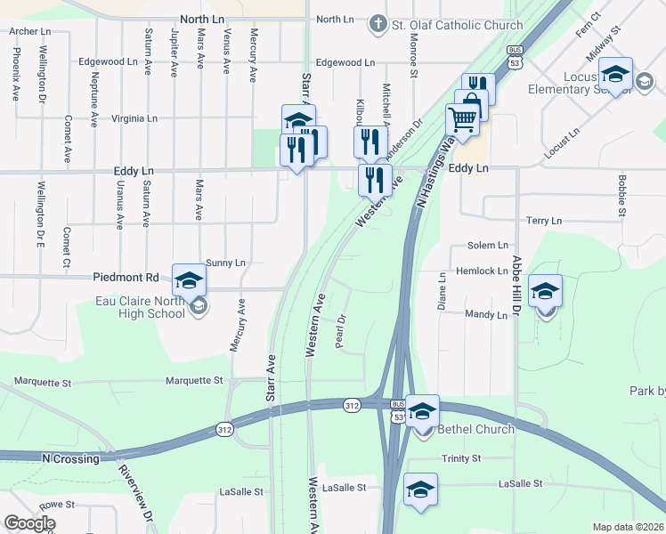 map of restaurants, bars, coffee shops, grocery stores, and more near in Eau Claire