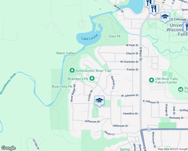 map of restaurants, bars, coffee shops, grocery stores, and more near 418 River Hills Road in River Falls