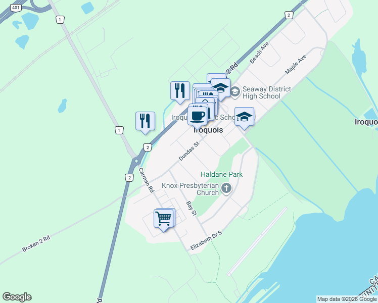map of restaurants, bars, coffee shops, grocery stores, and more near Dundas Street in Iroquois