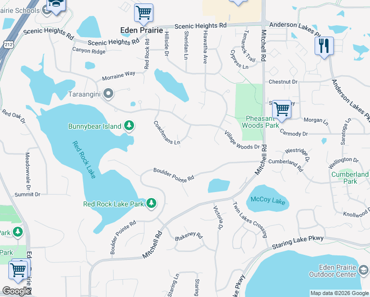 map of restaurants, bars, coffee shops, grocery stores, and more near 14991 Williamsburg Court in Eden Prairie