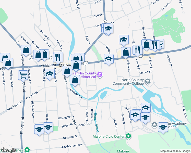 map of restaurants, bars, coffee shops, grocery stores, and more near Washington Street in Malone