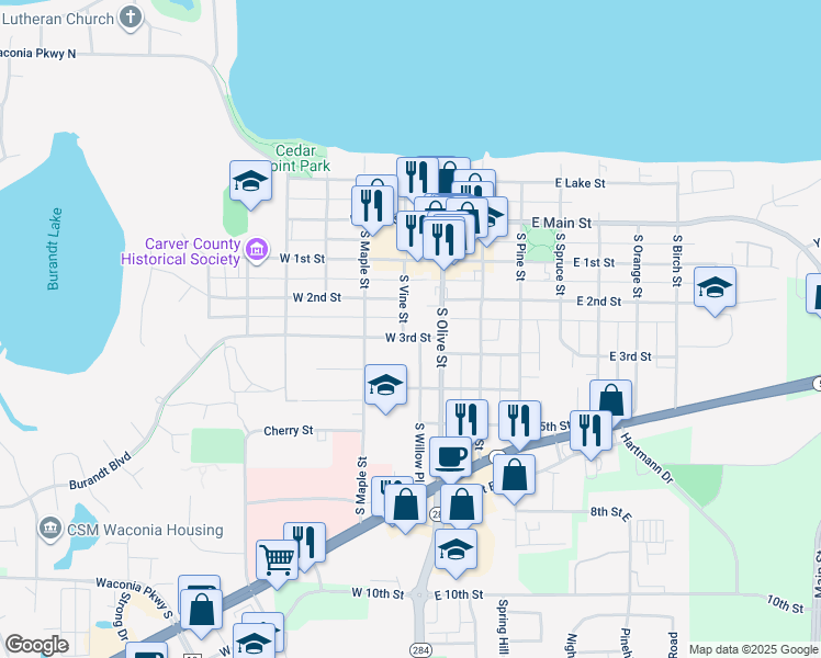 map of restaurants, bars, coffee shops, grocery stores, and more near 140 West 3rd Street in Waconia