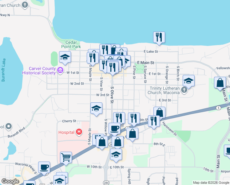 map of restaurants, bars, coffee shops, grocery stores, and more near 249 South Olive Street in Waconia