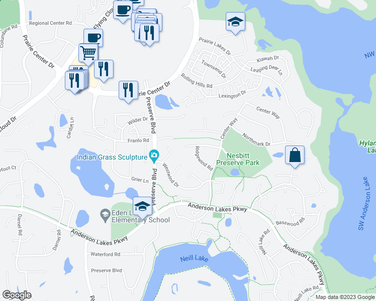 map of restaurants, bars, coffee shops, grocery stores, and more near 11359 Windrow Drive in Eden Prairie