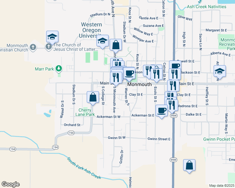 map of restaurants, bars, coffee shops, grocery stores, and more near 231 Monmouth Avenue South in Monmouth