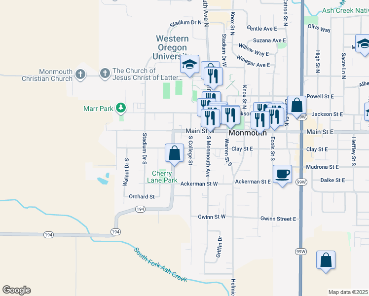map of restaurants, bars, coffee shops, grocery stores, and more near 227 Whitman Street South in Monmouth