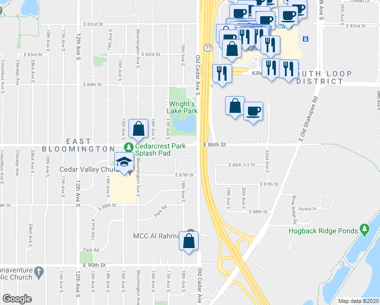 map of restaurants, bars, coffee shops, grocery stores, and more near 8660 Old Cedar Avenue South in Bloomington