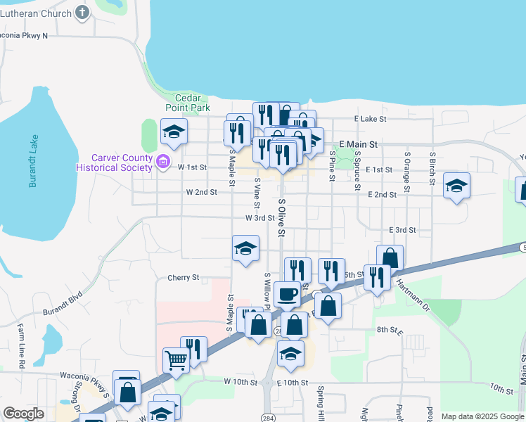 map of restaurants, bars, coffee shops, grocery stores, and more near 191 West 3rd Street in Waconia