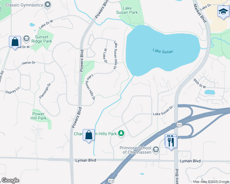 map of restaurants, bars, coffee shops, grocery stores, and more near 8619 Drake Court in Chanhassen