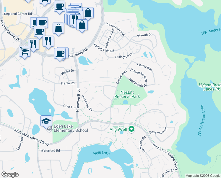 map of restaurants, bars, coffee shops, grocery stores, and more near 8629 Center Way in Eden Prairie