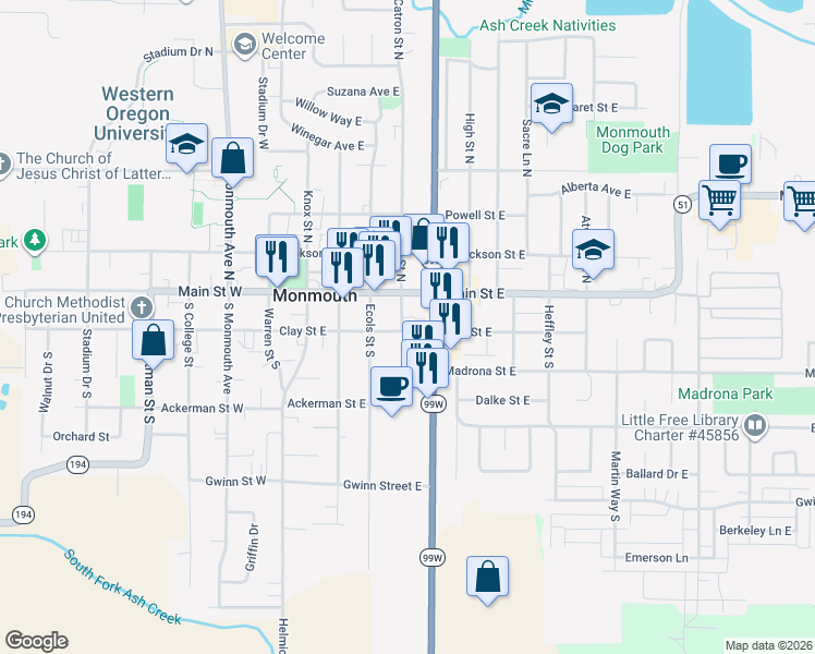 map of restaurants, bars, coffee shops, grocery stores, and more near 191 Catron Street South in Monmouth
