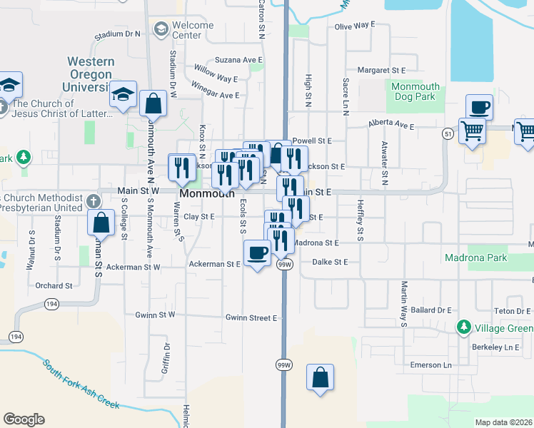 map of restaurants, bars, coffee shops, grocery stores, and more near 191 Catron Street South in Monmouth
