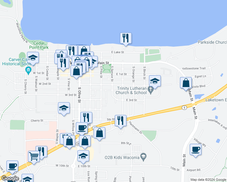 map of restaurants, bars, coffee shops, grocery stores, and more near 225 South Spruce Street in Waconia