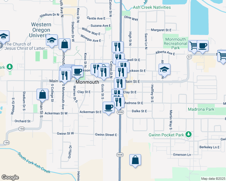 map of restaurants, bars, coffee shops, grocery stores, and more near 191 Catron Street South in Monmouth