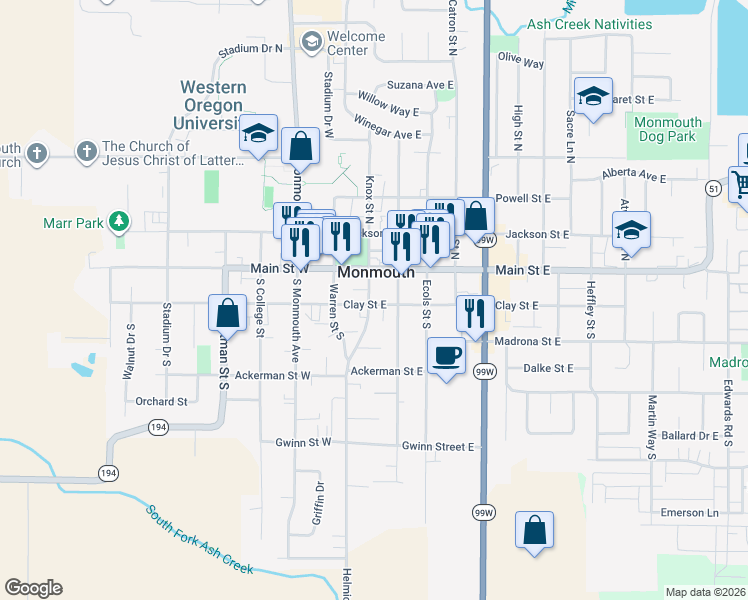 map of restaurants, bars, coffee shops, grocery stores, and more near 267 Knox Street South in Monmouth