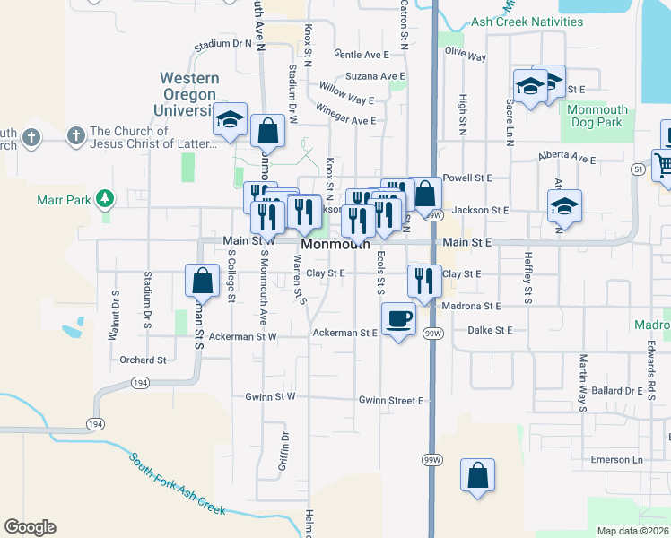 map of restaurants, bars, coffee shops, grocery stores, and more near 267 Knox Street South in Monmouth
