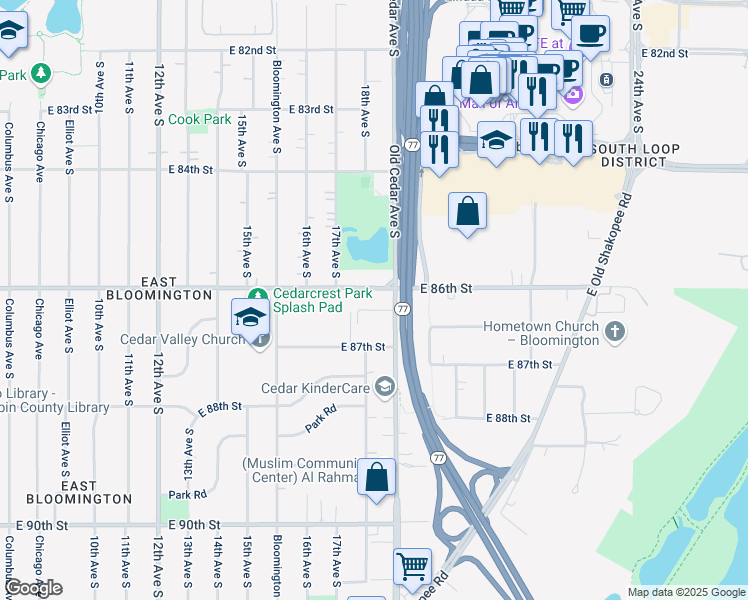 map of restaurants, bars, coffee shops, grocery stores, and more near 8660 Old Cedar Avenue South in Bloomington