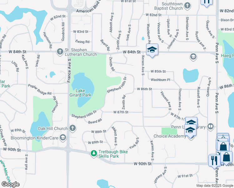 map of restaurants, bars, coffee shops, grocery stores, and more near 3341 Shepherd Hills Circle in Minneapolis