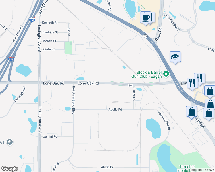 map of restaurants, bars, coffee shops, grocery stores, and more near 940 Lone Oak Road in Eagan