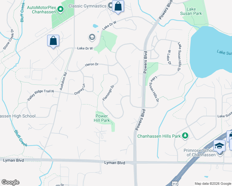 map of restaurants, bars, coffee shops, grocery stores, and more near 1380 Thrush Court in Chanhassen
