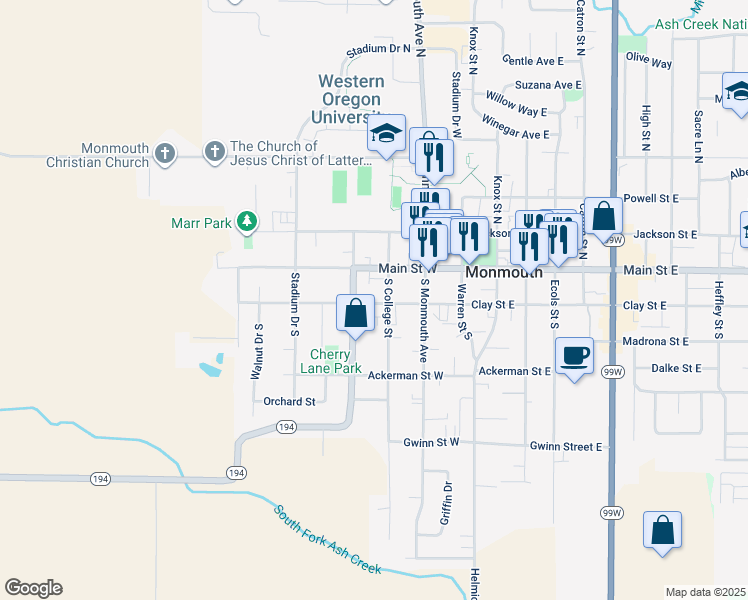 map of restaurants, bars, coffee shops, grocery stores, and more near 324 Clay Street West in Monmouth