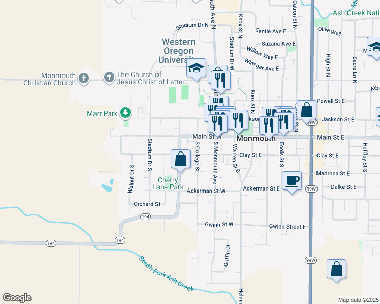 map of restaurants, bars, coffee shops, grocery stores, and more near 328 Clay Street West in Monmouth