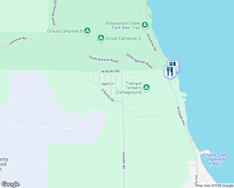 map of restaurants, bars, coffee shops, grocery stores, and more near 3642 Diamond Lane in Sturgeon Bay