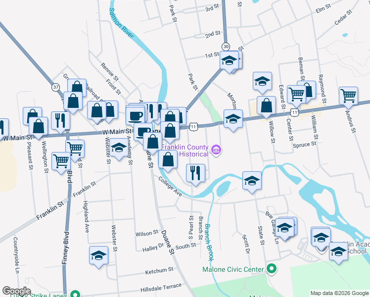 map of restaurants, bars, coffee shops, grocery stores, and more near 63 Pearl St in Malone