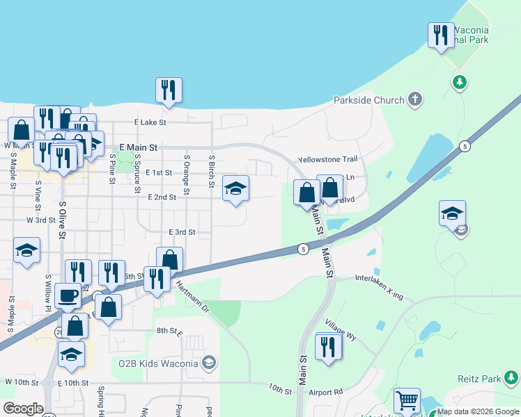 map of restaurants, bars, coffee shops, grocery stores, and more near 625 East 2nd Street in Waconia