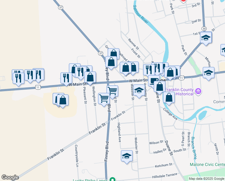 map of restaurants, bars, coffee shops, grocery stores, and more near 134 New York State Bicycle Route 11 in Malone