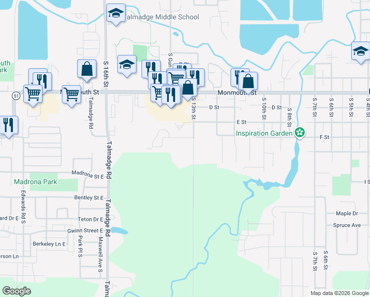 map of restaurants, bars, coffee shops, grocery stores, and more near 1367 F Street in Independence