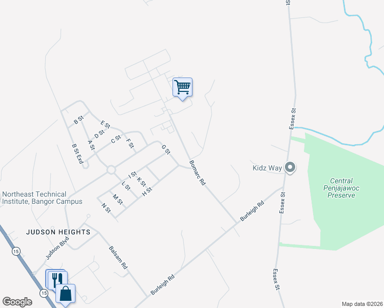 map of restaurants, bars, coffee shops, grocery stores, and more near 159 Bomarc Road in Bangor