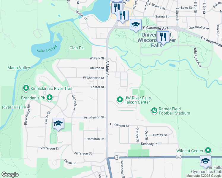 map of restaurants, bars, coffee shops, grocery stores, and more near 930 South Main Street in River Falls