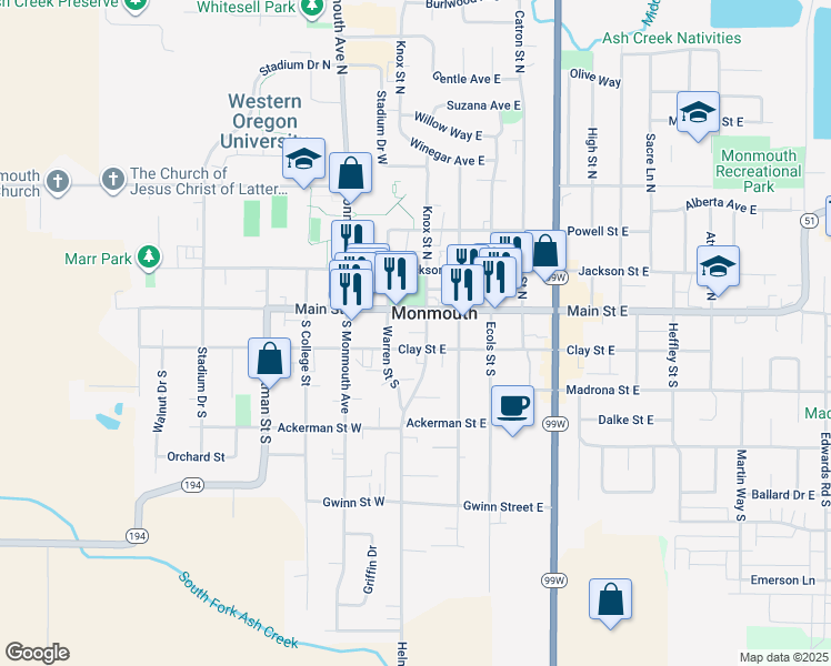 map of restaurants, bars, coffee shops, grocery stores, and more near in Monmouth