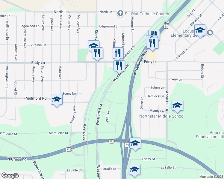 map of restaurants, bars, coffee shops, grocery stores, and more near 2861 Western Avenue in Eau Claire